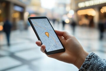 Poster - A male hand grips a smartphone showing a map with a location pin, as pedestrians walk in the bustling shopping area nearby. Generative AI