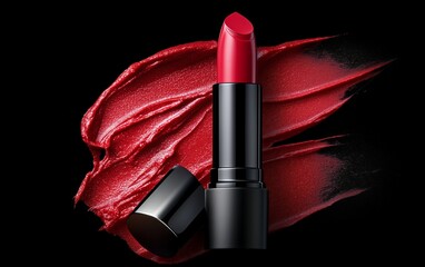 A detailed close up of a vibrant red lipstick on a black background