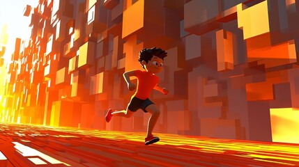 Poster - Cartoon-style chubby person jogging energetically in a colorful 3D world Stock Photo with side copy space
