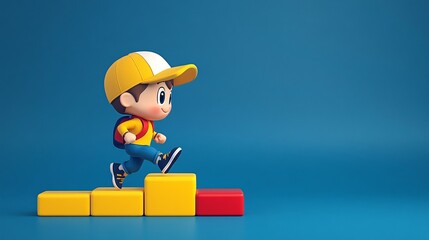 Poster - Chubby cartoon character running up stairs in athletic gear in a 3D world on a bright background Stock Photo with side copy space