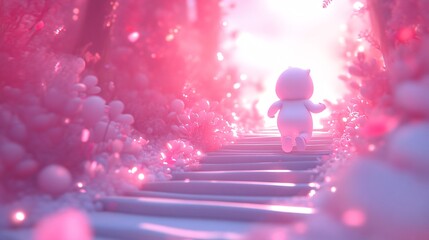 Poster - Chubby cartoon character running up stairs in athletic gear in a 3D world on a bright background Stock Photo with side copy space