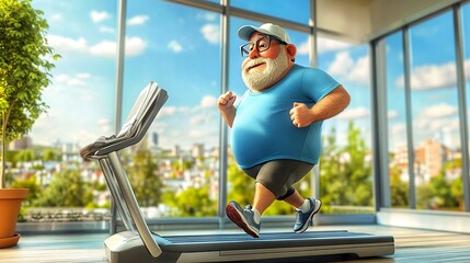 Poster - Cartoon-style chubby character in athletic wear jogging on a treadmill in a bright 3D world Stock Photo with side copy space