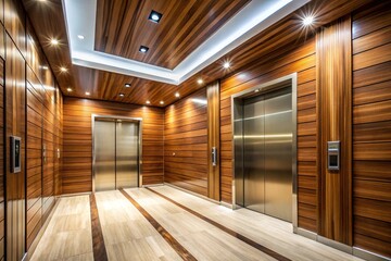 Lavish elevator lobby with wooden walls and stylish flooring