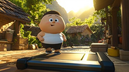 Poster - Cartoon-style chubby character in athletic wear jogging on a treadmill in a bright 3D world Stock Photo with side copy space