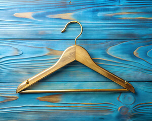 Empty gold hanger rack with label tag on bright blue color table background, male female retail clothes fashion store shopping sale promotion cheap black friday offer concept, top view copy space