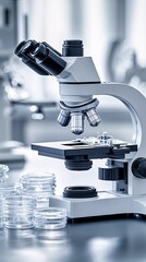 Poster - Microscope and petri dishes arranged on a sterile lab bench used for cutting-edge medical research against a clean background Stock Photo with side copy space