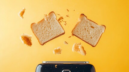 Two slices of toasted bread flying up out of a toaster.