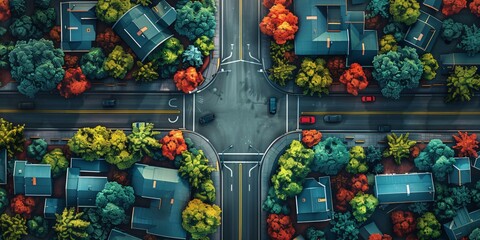 an aerial view of vehicles navigating through an intersection, showcasing the dynamic flow of urban 