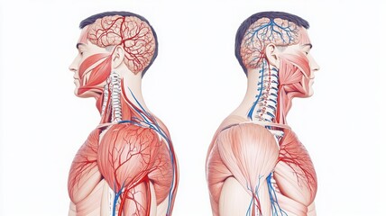 Detailed anatomical illustration showing human anatomy from the side, highlighting muscles, arteries, and brain structure.