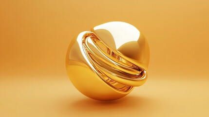 A shiny, golden sphere with a ring wrapped around it sits on a peach background.