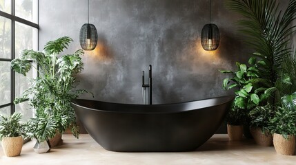 Canvas Print - Elegant Modern Bathroom with Stylish Plants and Lighting