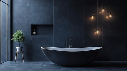 Canvas Print - Modern Dark Bathroom with Stylish Bathtub and Lights