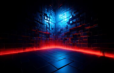 Poster - A dark room illuminated by red and blue neon light, with a tiled floor and walls made of stacked square blocks.