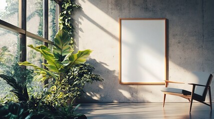 Wall Mural - Modern Interior with Blank Canvas and Greenery