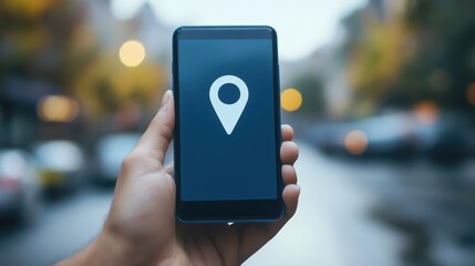 Leinwandbilder - A person uses a smartphone to check their location on a city street as evening sets in, with urban surroundings visible. Generative AI