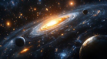 A breathtaking view of a spiral galaxy with planets and stars in the vastness of space.