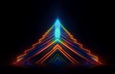 A pyramid-shaped structure of neon lines in rainbow hues against a dark background.