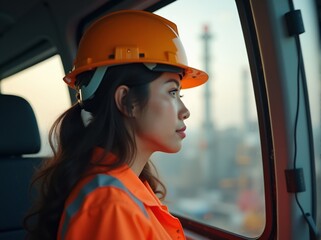 Asian woman in orange work uniform and helmet gazing out from construction site vehicle at sunset