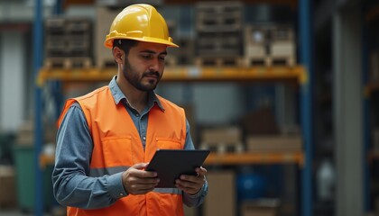 Skilled latin man engineer reviewing plans in warehouse during daylight hours to ensure project efficiency and safety