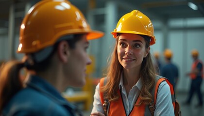 Two female construction workers share moment of friendship during site meeting in afternoon at busy construction site