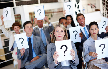 Aufkleber - Office, paper and business people with question mark in portrait for corporate, workshop or solution. Employees, audience and sign with emoji at presentation for conference, query and problem solving
