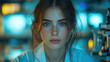 © Bolbik - Close-up of a focused female scientist wearing safety goggles, symbolizing scientific research and laboratory work. Orange and blue tones create a dynamic backdrop