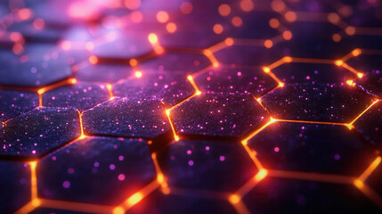 Poster - A stunning, futuristic close-up of hexagon patterns illuminated in neon pink. This digital design showcases glowing edges and a textured surface