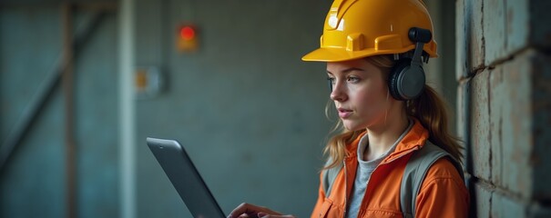 Skilled woman engineer working on project inside construction site during daytime with tools and technology