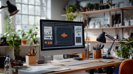 Aufkleber - A modern workspace with a computer displaying design work and plenty of greenery on a sunny afternoon
