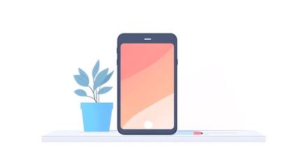Poster - Modern Smartphone with Plant and Pencil on White Surface