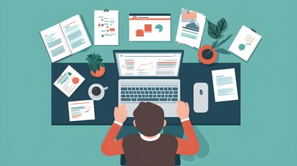 Poster - Top View of Person Working on Laptop with Documents and Charts