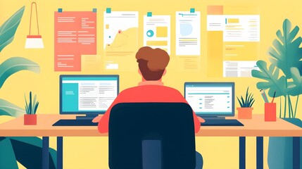 Poster - Man Working at Computer Desk with Charts and Plants