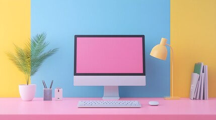 Poster - Minimalist Computer Desk Setup with Yellow Lamp and Plant