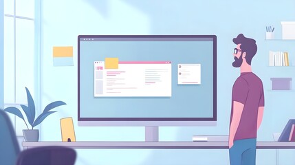 Poster - Man Standing at Desk with Computer Screen Showing Website Design