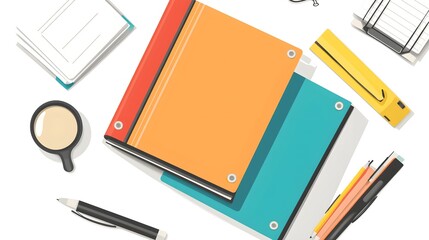 Wall Mural - Flat Lay of Colorful Notebooks and Office Supplies on White Background