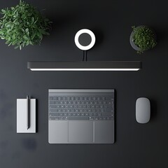 Poster - Minimalist Black Desk with Laptop  Plants  Lights and Pen