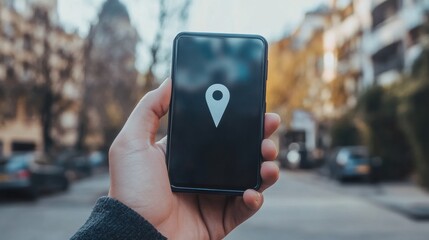 Poster - A person uses a smartphone to view a location pin while exploring an urban area under clear blue skies. Generative AI