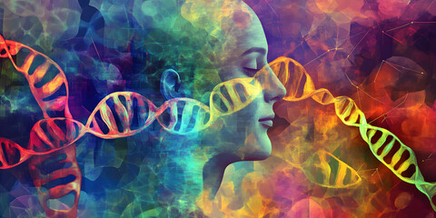 A vibrant abstract background featuring a woman's silhouette intertwined with colorful genetic structures representing DNA and scientific concepts