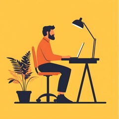 Poster - Man Working on Laptop at Desk in Home Office with Plant and Lamp