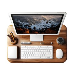 Poster - Top View Desk Workspace with Computer  Keyboard  Mouse and Coffee