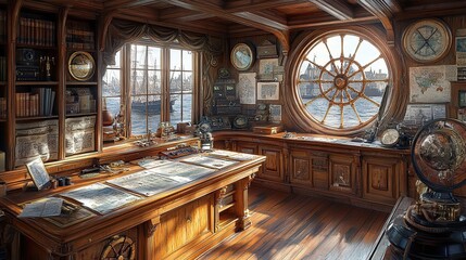 Nautical-themed study with maps and instruments.