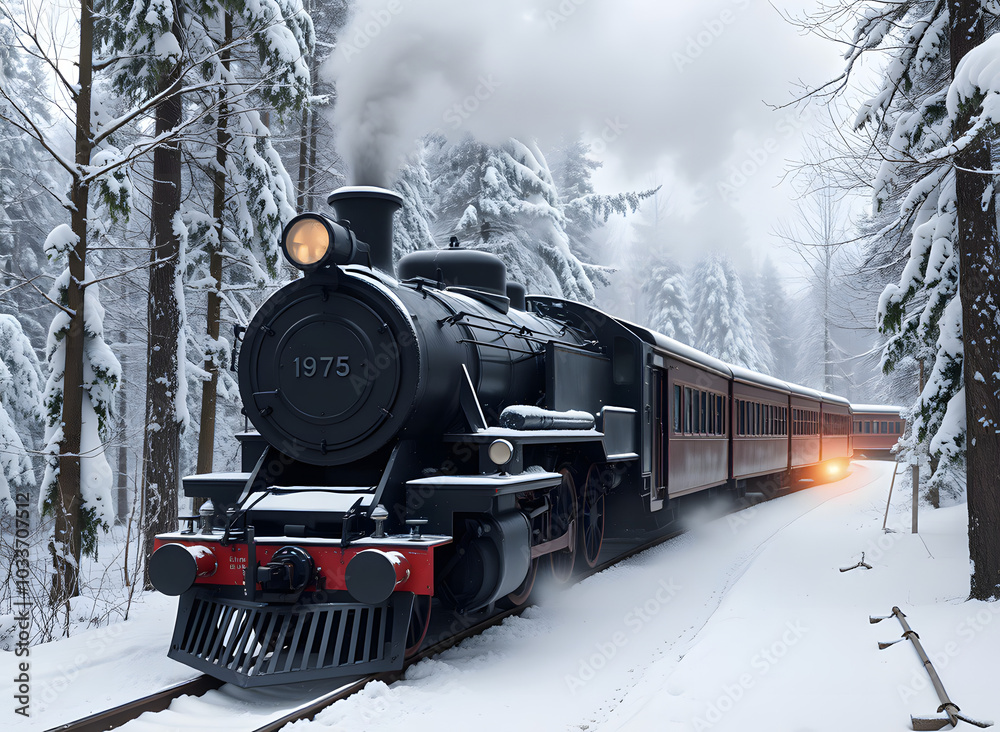 Old steam locomotive. Vintage black train moves through snowy forest at ...