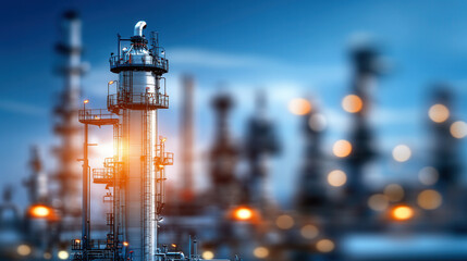 Close up of distillation tower at refinery, showcasing its sleek design and industrial features. image captures essence of modern manufacturing and energy production