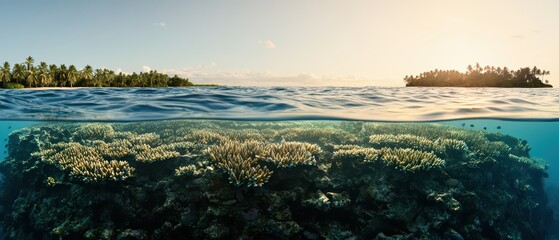 Serene underwater view featuring vibrant coral reefs beneath a clear blue ocean, illuminated by the warm sunlight.