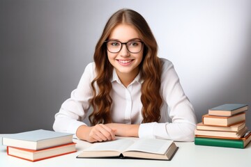 Canvas Print - Happy girl studying with books student publication accessories.