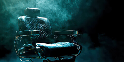 A black chair with a headrest is sitting in a misty blue background