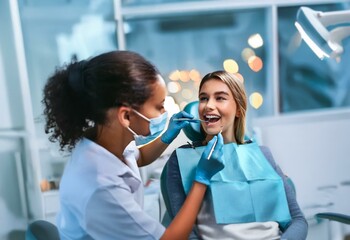 A woman in a white coat examines the teeth of a woman in a dentist chair.