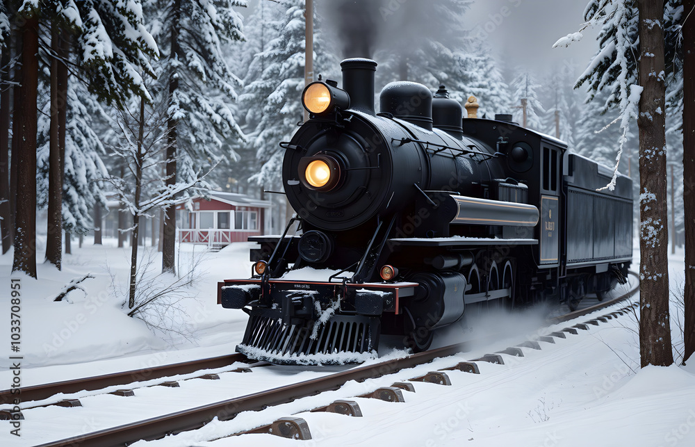 Old steam locomotive. Vintage black train moves through snowy forest at ...
