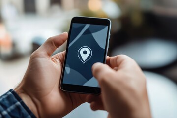 Poster - A hand holds a smartphone with a prominent location pin displayed, indicating a search for a specific place or direction. Generative AI