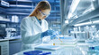 Scientist in lab coat carefully examining biofuel samples with precision tools, showcasing focused and professional atmosphere in modern laboratory